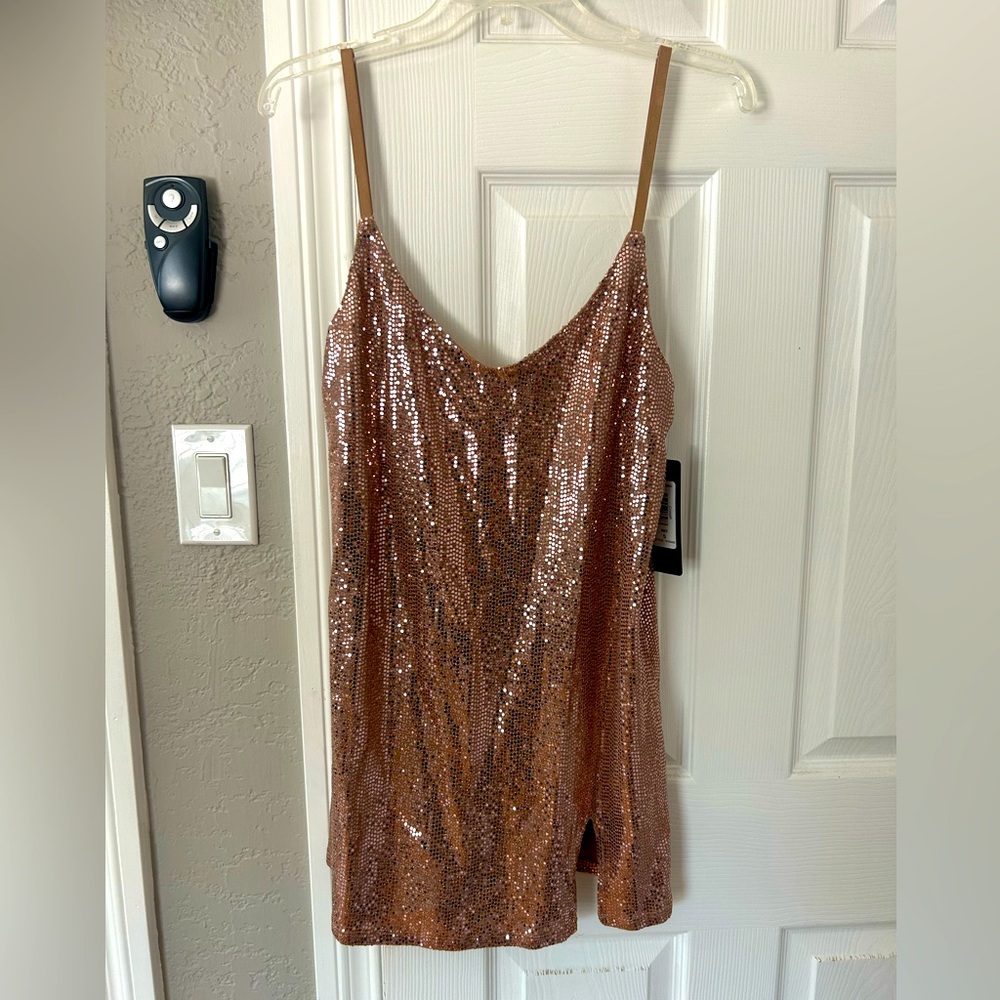 NWT bebe Sequin Rose Gold/Copper Slip Dress w/ Slit - Size Small